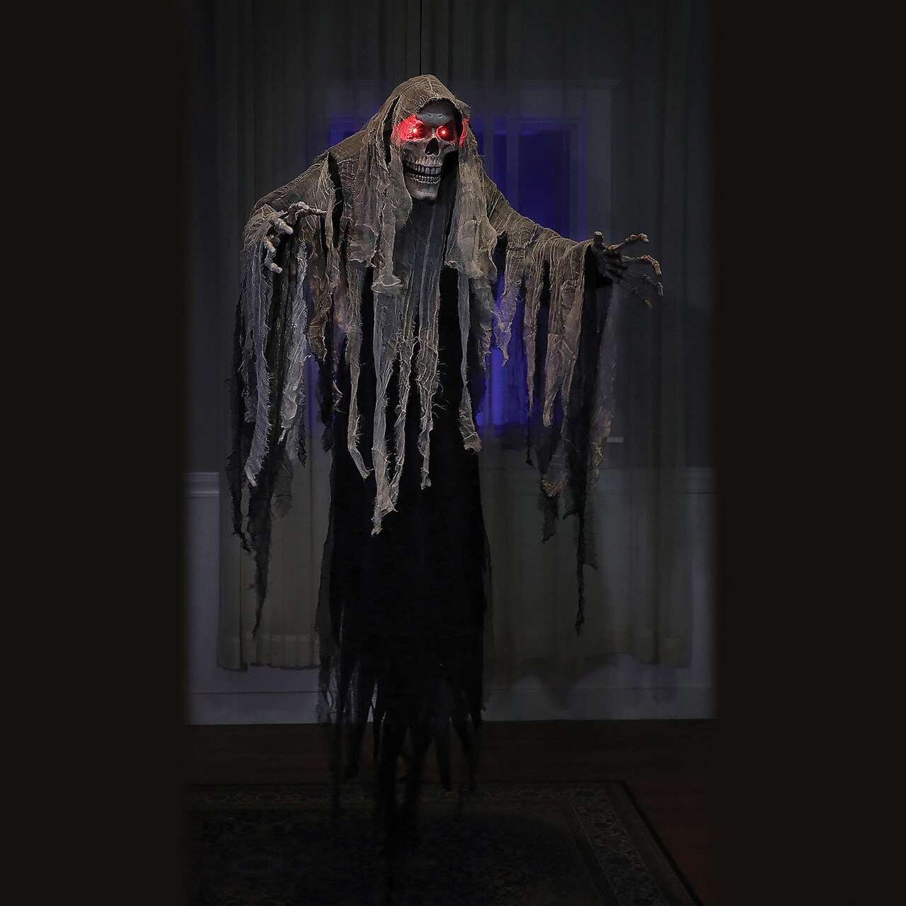 6 Feet Hanging Grim Reaper Halloween Animatronic with Red LED Eyes & Fluttering Robes, Battery Powered